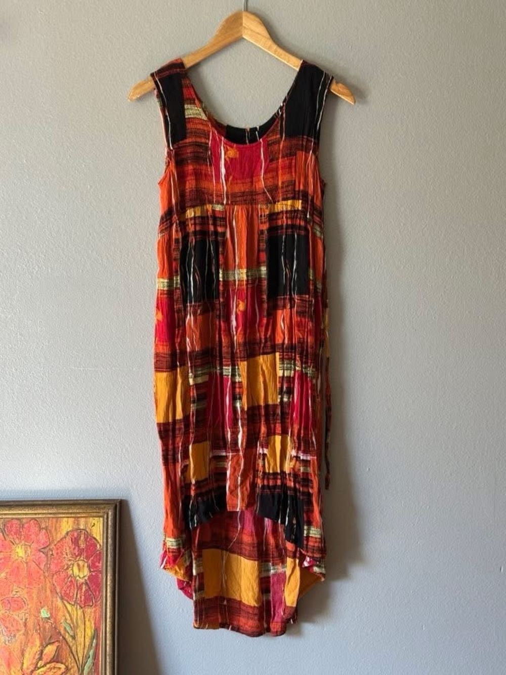 Boho Plaid Sleeveless Midi Dress in Red & Orange